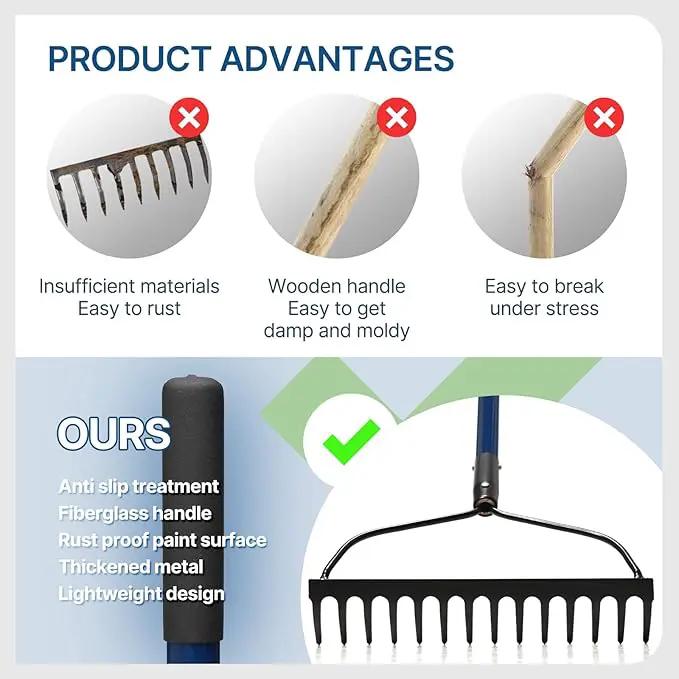57 Inch Heavy Duty Garden Rake with Blue Fiberglass Handle - 14-Tooth Metal Yard Rake for Gardening, Farming, and Yard Work - Durable Hard Rakes for Heavy Duty Use by GreenHaven Gardens