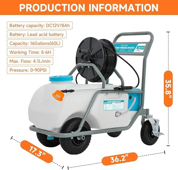 16 Gallon Battery Powered Sprayer,90 PSI Electric Pump,6 Hours Long Battery Life,12V 8Ah Battery,Adjustable HD Wand and 10 Nozzles,Portable Sprayer with Wheels for Lawn & Garden Spraying, Cleaning by GreenHaven Gardens