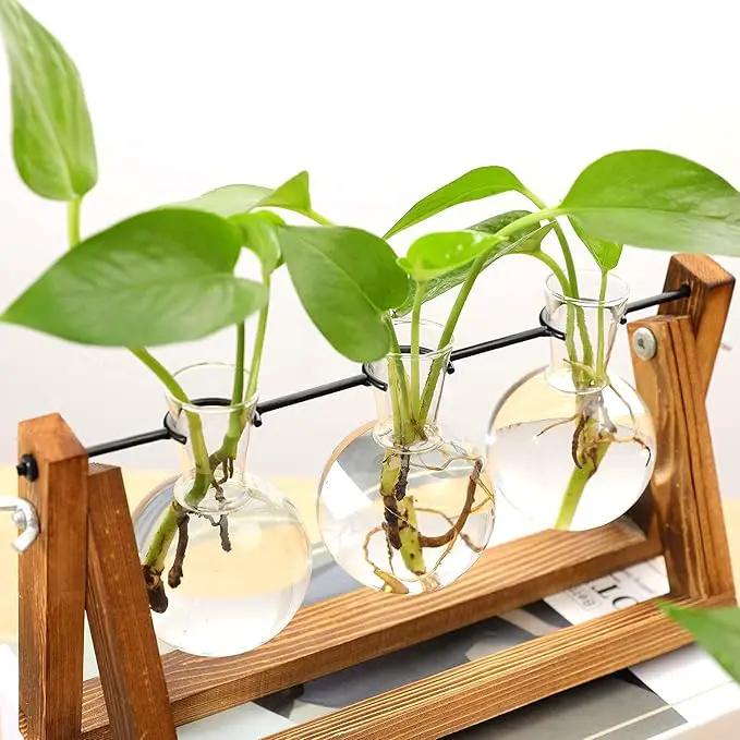 Kingbuy Desktop Glass Planter Iron and Wooden Stand Plant Terrariums for Indoor Office Desk Decor Accessories, 3 Bulb Vases, Brown by GreenHaven Gardens