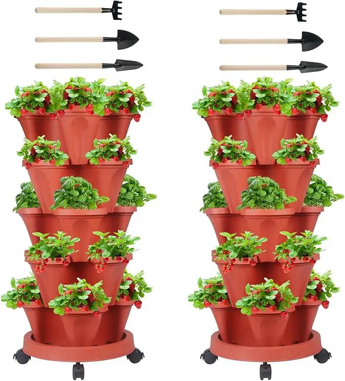 Vertical Planter 5 Tier Stackable Planters Garden Planters Strawberry Herb Flower and Vegetable Planter Indoor Outdoor Gardening Pots with Removable Wheels and Tools 2-Pack by GreenHaven Gardens