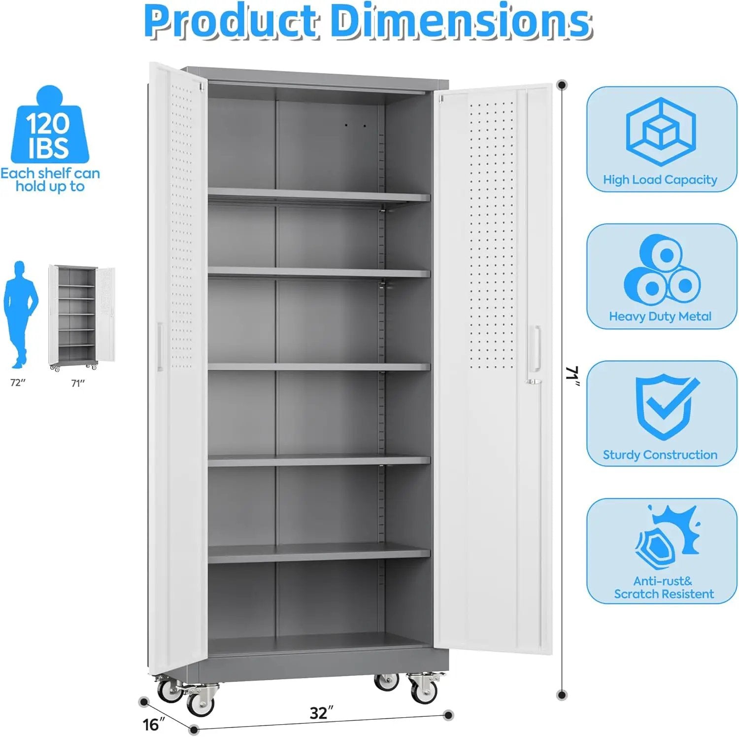 Metal Garage Storage Cabinet with Wheels & Pegboard, Lockable Metal Storage Cabinets with 2 Doors&5 Adjustable Shelves for Garage&Home,Assembly Required,Gray White 71''H x32''W x16''D by GreenHaven Gardens