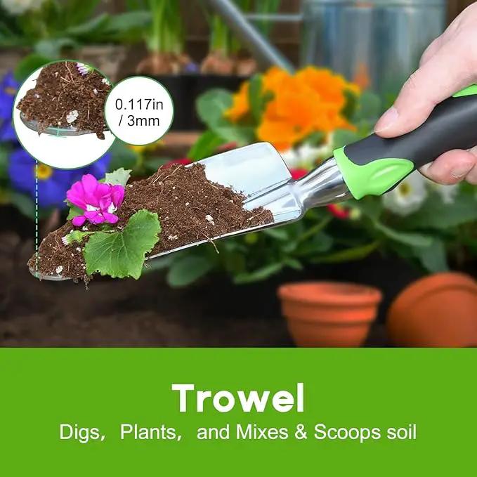 Garden Tool Set, 3 Pack Aluminum Heavy Duty Gardening Kit Includes Hand Trowel, Transplant Trowel and Cultivator Hand Rake with Soft Rubberized Non-Slip Ergonomic Handle, Garden Gifts by GreenHaven Gardens