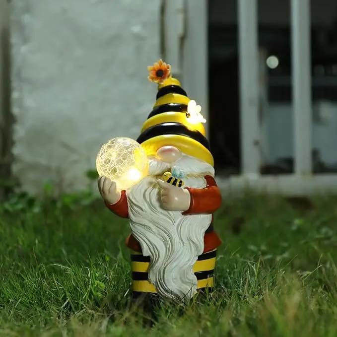 Solar Garden Gnome Statue, Resin Bee Gnome Figurine with Flower and Crackle Glass Globe Lights for Outdoor Decor, Porch Patio Yard Decorations, Garden Gifts for Mom by GreenHaven Gardens