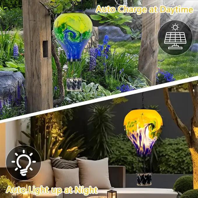 Tie-Dye Style Solar Hot Air Balloon Lantern with Flame, Glass Hot Air Balloon Solar Lantern Waterproof Outdoor Lanterns Decorative Lamp for Patio, Garden, Porch by GreenHaven Gardens