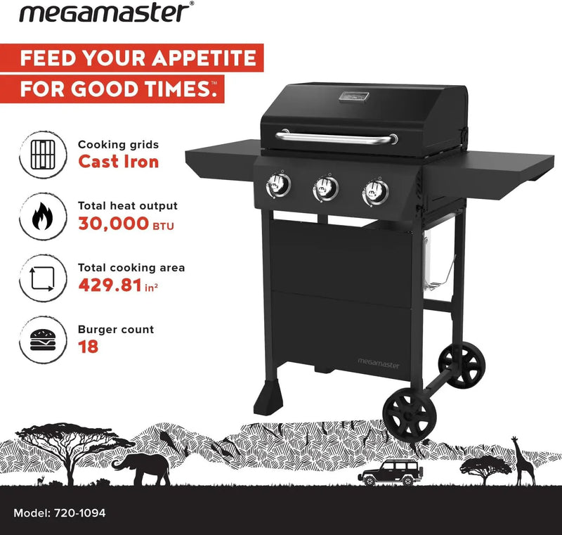 3-Burner Propane Gas Grill with Side Tables, 30,000BTUs, 429.81 SQ. In. Cooking Space, 2 Wheel Transport, Outdoor Kitchen Grill for BBQs, Backyards, Tailgating, and More - 720-1094 by GreenHaven Gardens