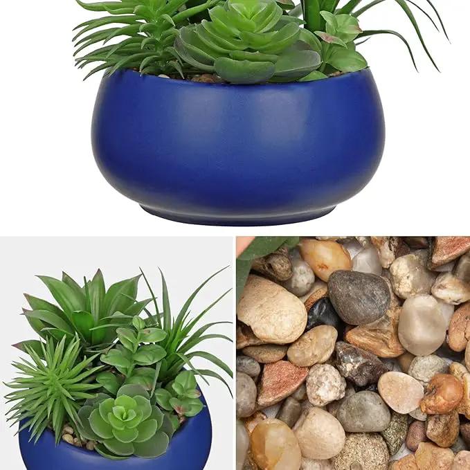 Fake Plants Artificial Succulents in Pots Faux Succulent Arrangement Potted Plant in Blue Ceramic Planter Bowl for Home Decor Office Desk Bathroom Shelf Living Room Indoor Decorations by GreenHaven Gardens