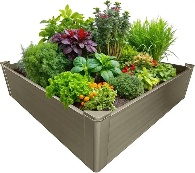 Raised Garden Bed - 4x4 ft Planter Box - Weathered Wood HDPE - No Tools Needed - DIY Kit for Urban Gardening, Flowers, Herbs & Vegetables - Made in The USA by GreenHaven Gardens