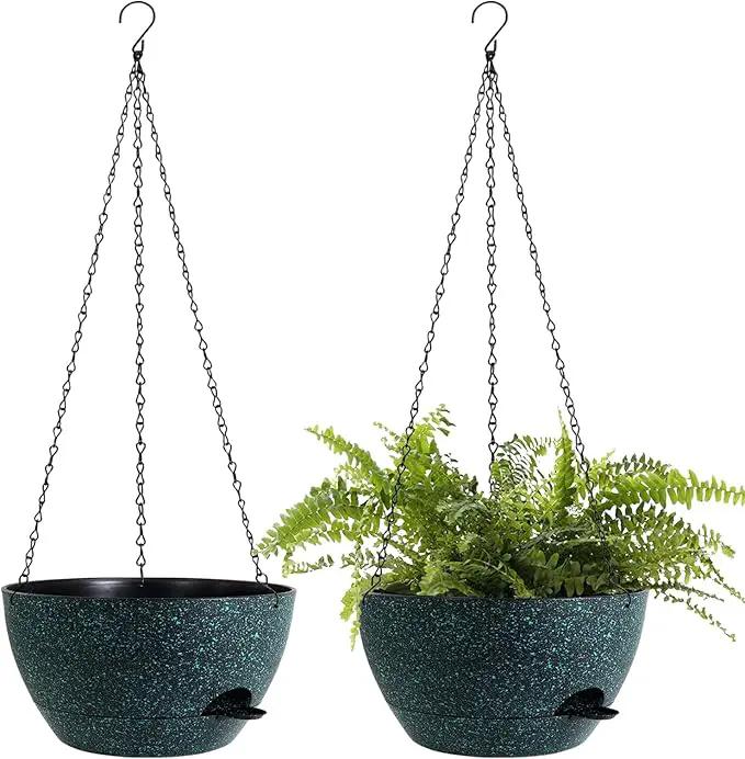 12 Inch Hanging Baskets 2 PC with Chains, Self-Watering Hanging Planters for Indoor Outdoor Plants, Plastic Hanging Flower Pots, Black with Green Speckles by GreenHaven Gardens
