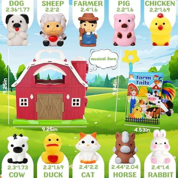 Big Musical Red Barn Toy Farm Animal Finger Puppets for 1 2 3 4 5 Years Old, Animal Figures Playset with Farm Tails Baby Book, Sensory Learning Toys Gift for Toddlers Boys Girls by GreenHaven Gardens