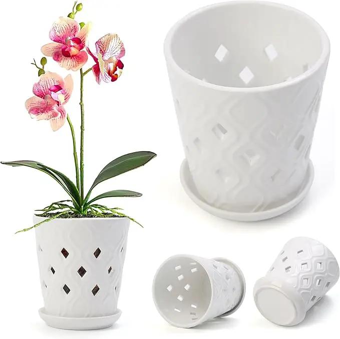 Whispering Winds Ceramic 5 x 6 Inch Orchid Pot with Holes & Saucer for Aeration and Drainage - Decorative Orchid Pots for Repotting, Prevent Over Watering & Root Rot (Carrara White) by GreenHaven Gardens
