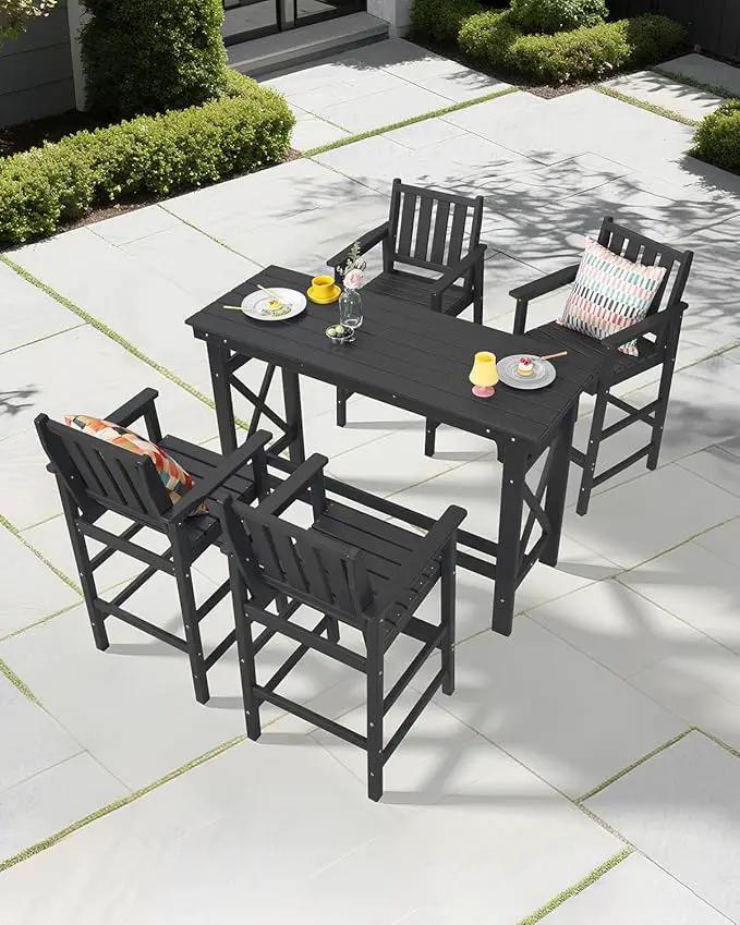5-Piece HDPE Patio Bar Set, Rectangular Bar Height Table and 4 Adirondack Bar Chairs, All Weather Outdoor Bar Stools Set, Outdoor Bar Table and Chairs Set for Balcony, Pool, Porch, Obsidian by GreenHaven Gardens