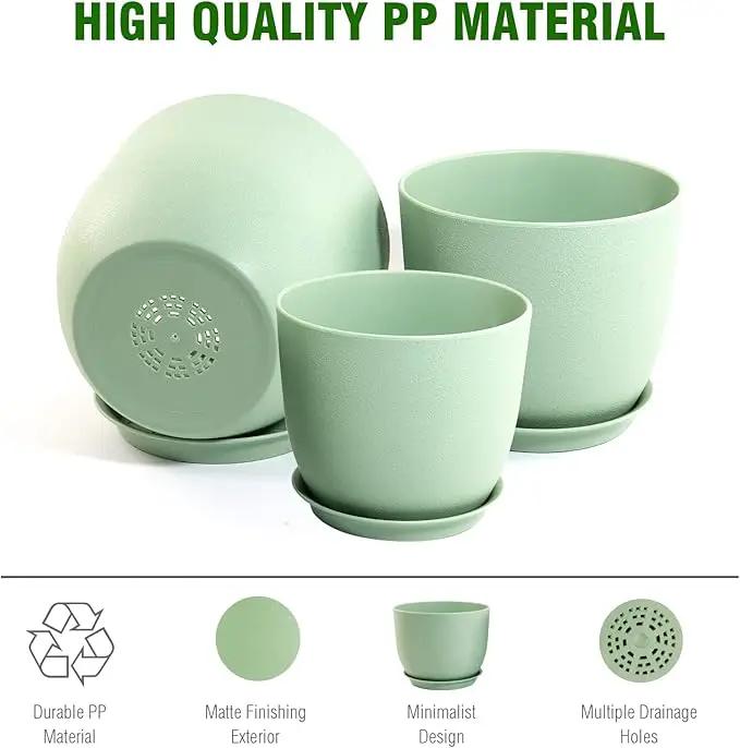 Large Plant Pots 12/10/9 inch, Set of 3 Modern Decorative Plastic Planters with Drainage Holes and Saucers, Flower Pots for Indoor Outdoor Plants, Green by GreenHaven Gardens