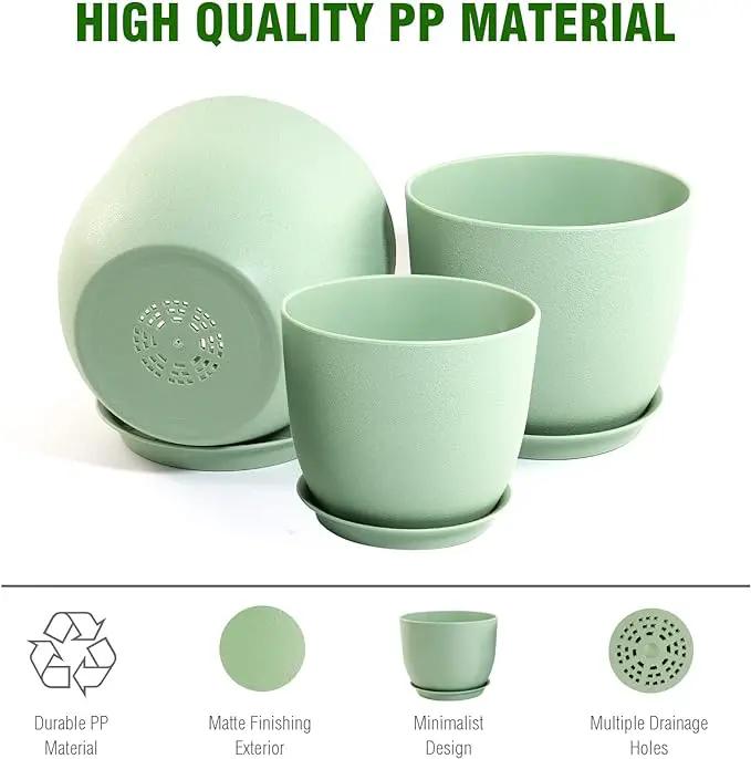 Medium Plant Pots 10/9/8 inch, Flower Pots for Indoor Outdoor Plants, Set of 3 Modern Decorative Plastic Planters with Drainage Holes and Saucers for House Porch Garden Plants, Green by GreenHaven Gardens