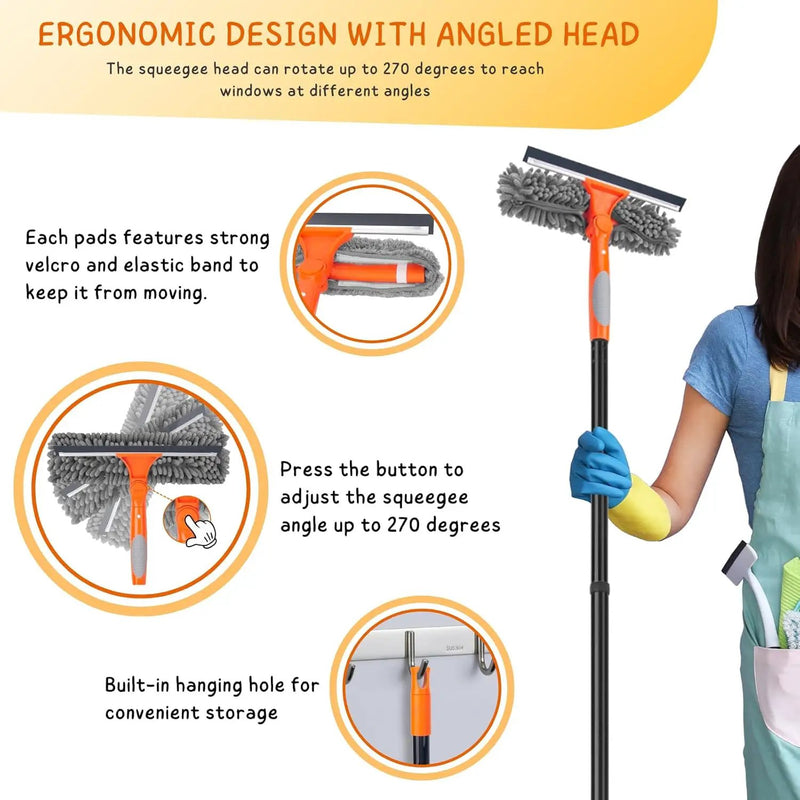 Window Cleaner Tool for Home, 59.5'' Squeegee Kit for Car Windshield, Shower Door, Mirror Cleaning, 2 in 1 Outdoor Glass Washer with Extension Pole by GreenHaven Gardens