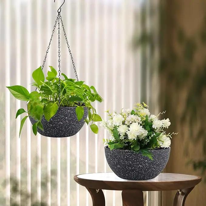 10 inch Hanging Planters for Indoor Outdoor Plants, 2 Pack Hanging Flower Plant Pots with Drainage Holes and Chain for Garden Porch, Plastic Hanging Baskets for House Plants, Speckled Black by GreenHaven Gardens