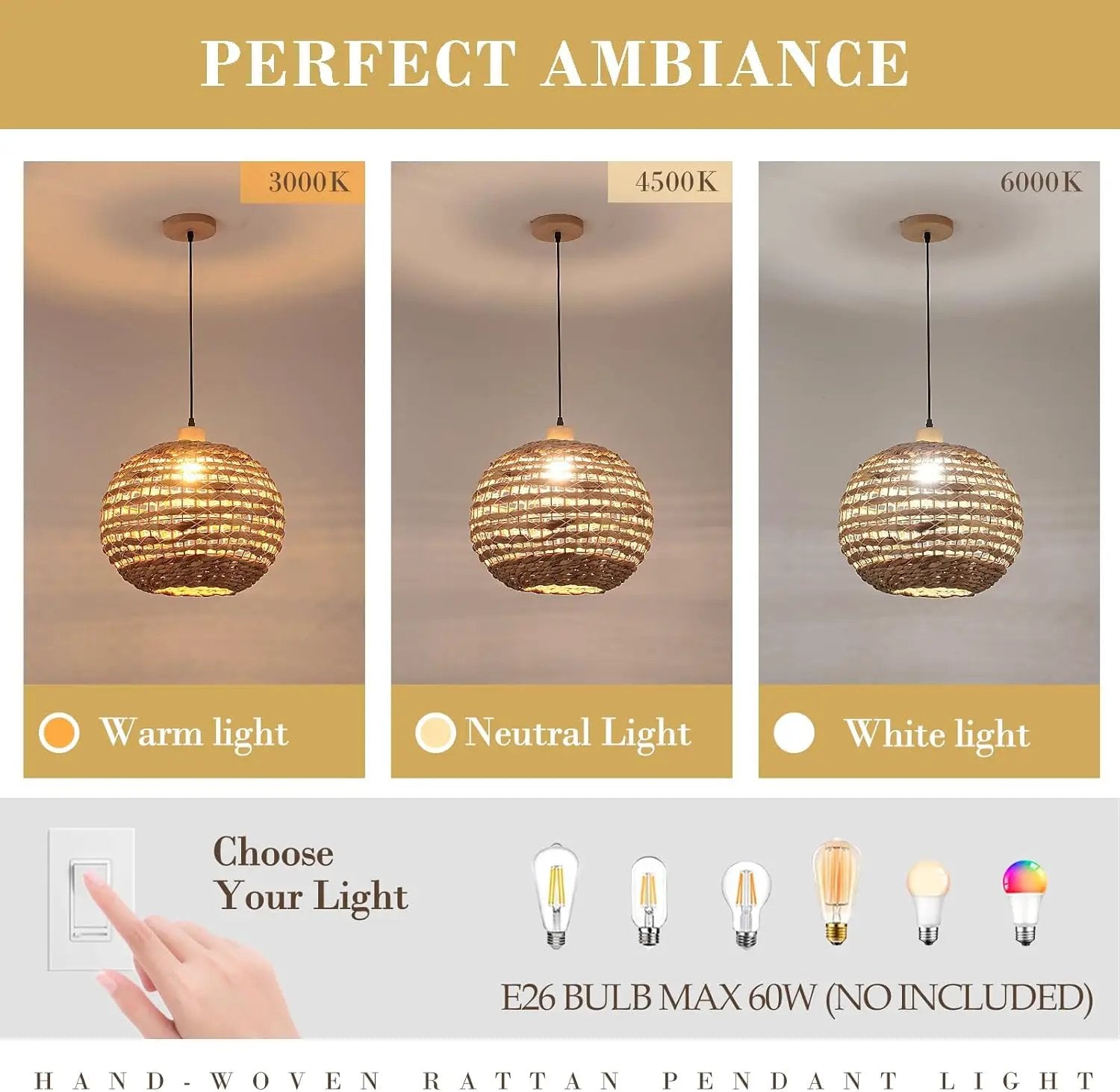 Boho Pendant Lights Kitchen Island Rattan Lights Fixture for Dining Room 15.8" Hand-Woven Chandelier Weaving Hanging Ceiling Light for Restaurant Living Room Bedroom Foyer Hallway by GreenHaven Gardens