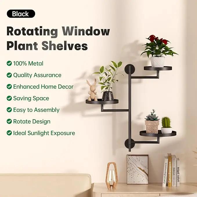 WIndow Rotating Plant Stand Shelf Indoor Black Metal Floating Shelves 3-Tier Wall Mount Plant Holders for Living Room Wall Planter Modern Home Decor for Gardening by GreenHaven Gardens