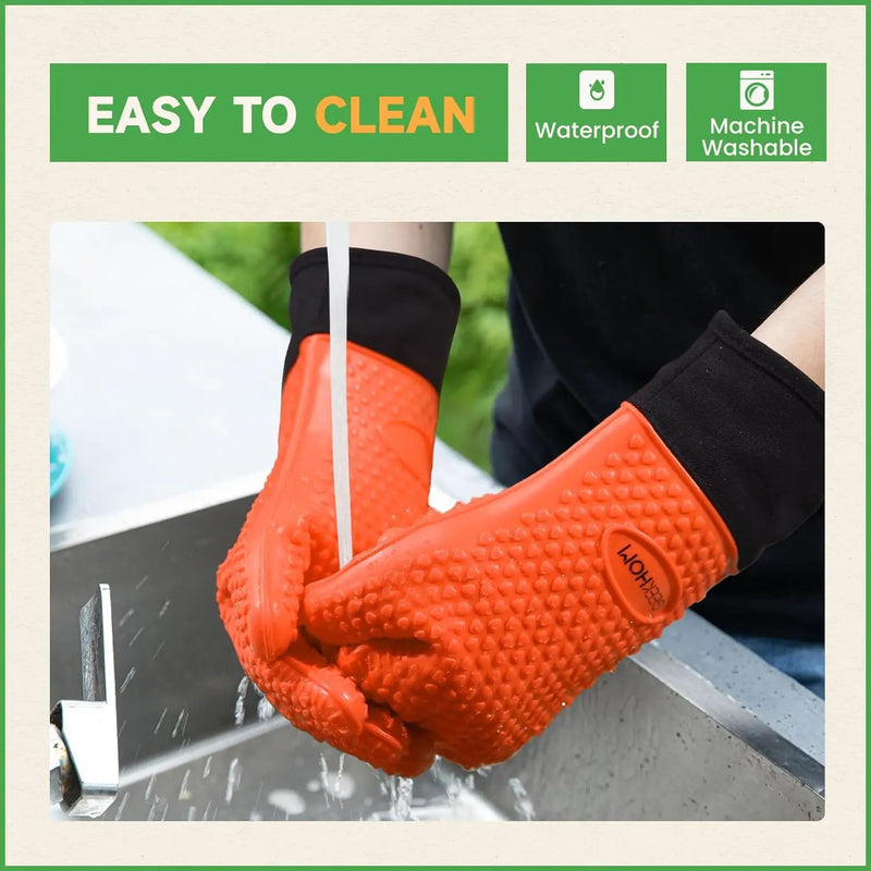 GEEKHOM BBQ Gloves Heat Resistant Oven Mitts - Silicone Grilling Gloves with 13.7" Arm Protection - Waterproof Pot Holder Non-Slip for Men & Women, Kitchen Outdoor Cooking, Baking, Camping, Orange by GreenHaven Gardens