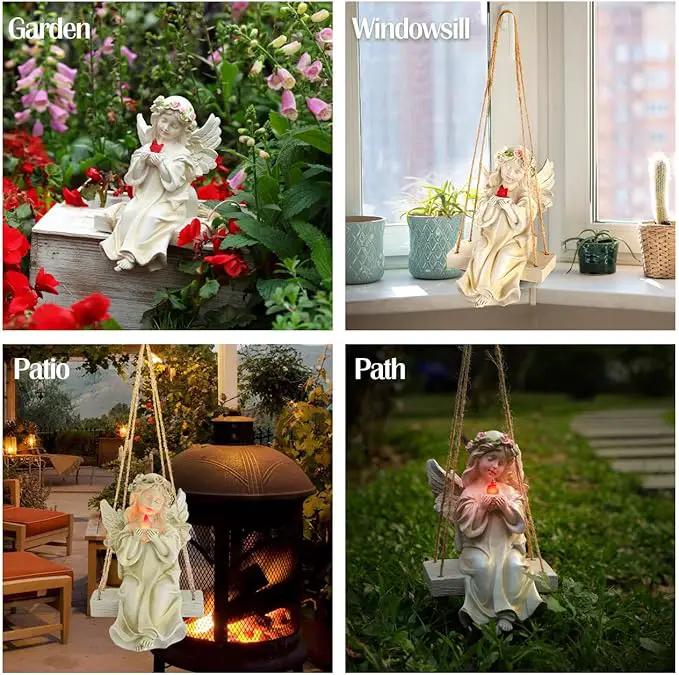Angel Garden Statue,Fairy Solar Garden Decor with Warm Light,Waterproof Angel Statue with Swing & Holding Bird,Outdoor Garden Decor for Lawn Yard Patio Windowsill Garden Gifts, Apricot by GreenHaven Gardens