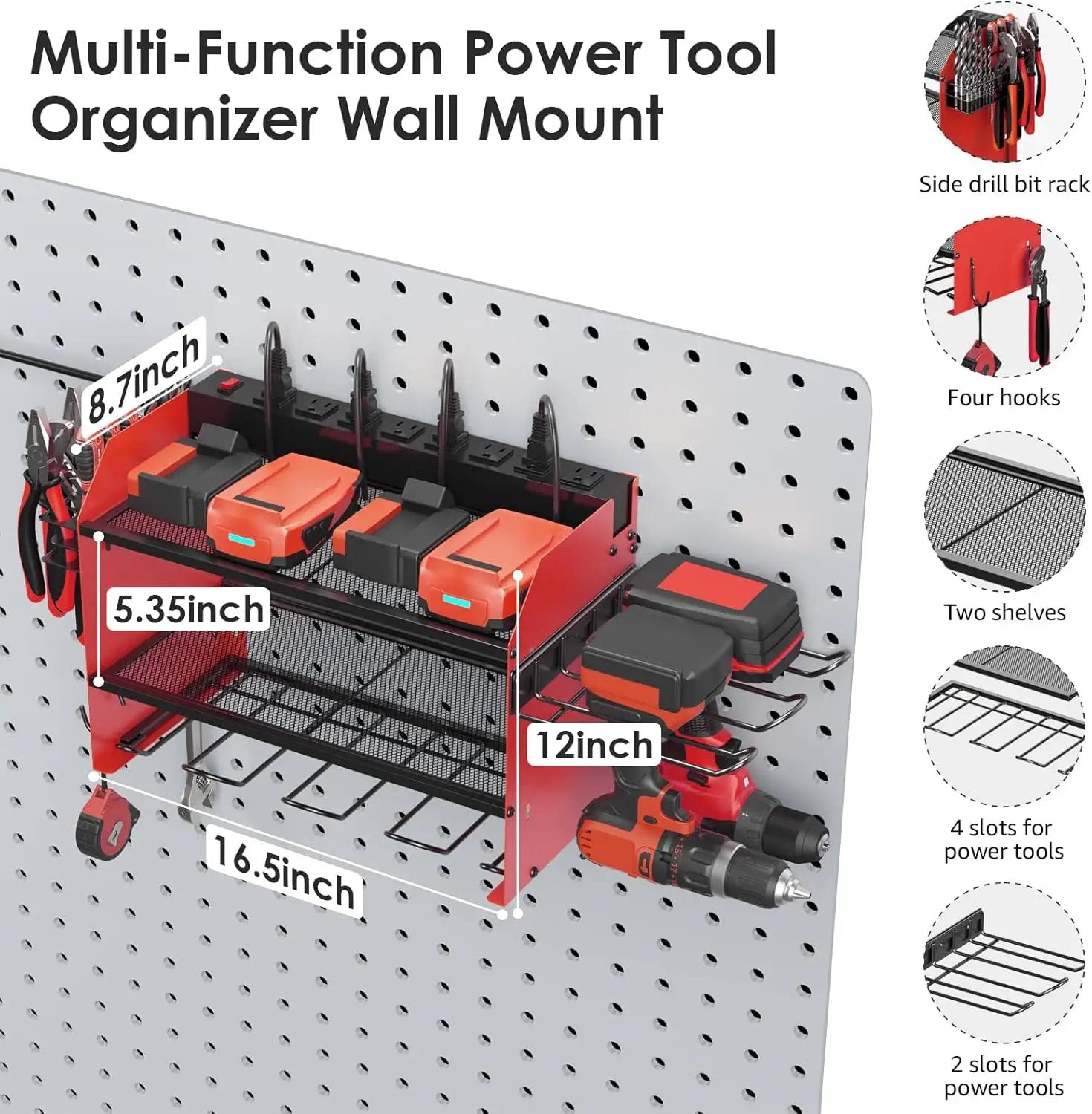 CCCEI Modular Power Tool Organizer Wall Mount Charging Station, Red 6 Drills Holder with 8 Plug Power Strip 10FT, Garage Drill Battery Heavy Duty Metal Shelf, Utility Rack with Hooks, Side Storage. by GreenHaven Gardens