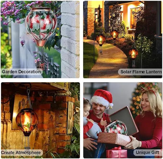 2PC Hot Air Balloon Solar Lantern with 2PC Shepherd Hook, Flickering Flame Hanging Solar Lanterns Outdoor Lights Waterproof Lanterns for Garden Patio Yard Party Decor (Hummingbirds & Flowers) by GreenHaven Gardens