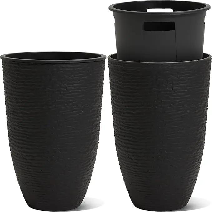 WORTH Garden 2-Pack 21" H. Black Tall Planters with Inside Pots - 14'' Dia Plastic Large Round Plant Tree Pots - Decorative Imitation Stone Finish for Indoor Outdoor Front Porch Container Patio by GreenHaven Gardens