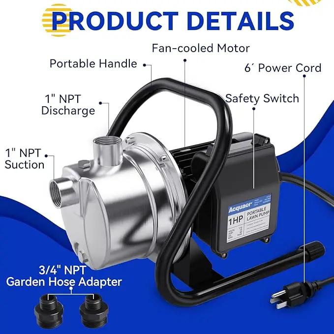 Acquaer 1 HP Portable Shallow Well Garden Pump, Stainless Steel, 998 GPH, 115V Sprinkler Water Transfer Draining Irrigation Pump for Water Removal/Lawn Garden by GreenHaven Gardens