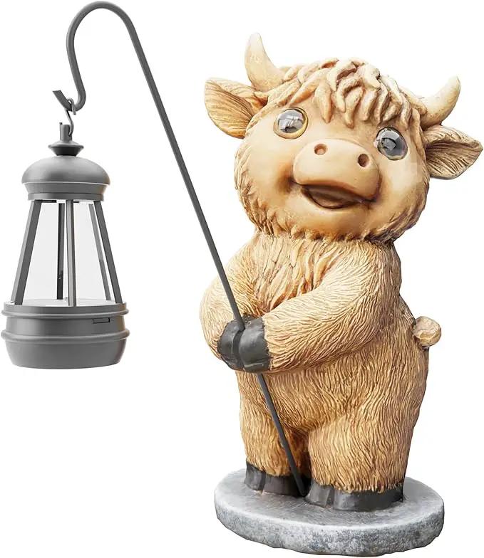 Highland Cow Statues with Solar Lights, Highland Cow Resin Figurine Lights, Highland Cow Ornaments for Patio, Balcony, Indoor Decoration and as Gifts by GreenHaven Gardens
