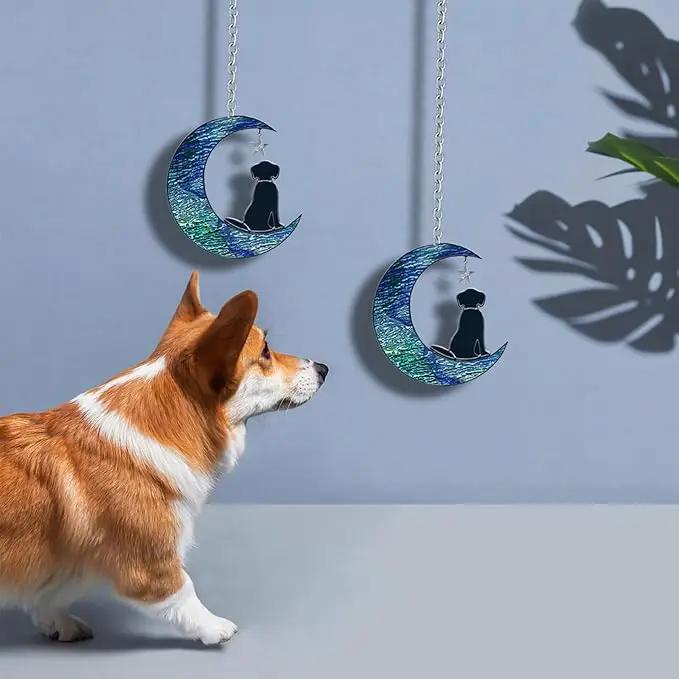 Dog Decor Stained Glass Moon Suncatchers Window Hanging, Wall Art Element Earth Tones Modern Design Home Garden Suncatcher, Dog Lovers for Halloween Decor (Moon Dog) by GreenHaven Gardens