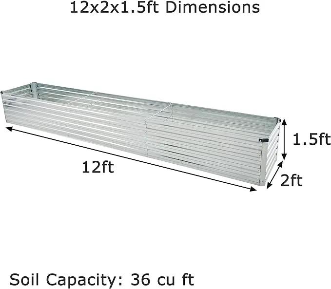 12x2x1.5ft Galvanized Raised Garden Bed,Outdoor Planter Box Metal Patio Kit Planting Bed for Vegetables Flowers Herb,Silver by GreenHaven Gardens
