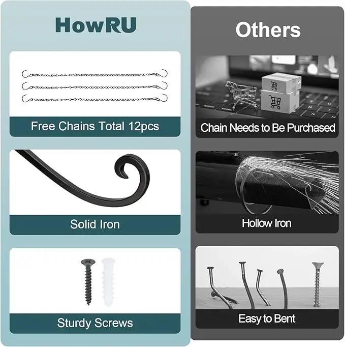 Plant Hangers Outdoor, 4 Pack 12 Inch Plant Hooks with 12 Chains for Wall Metal Plants Hanging Bracket for Bird Feeder, Flower Baskets, Wind Chimes, Lanterns, Indoor Outdoor, Black by GreenHaven Gardens
