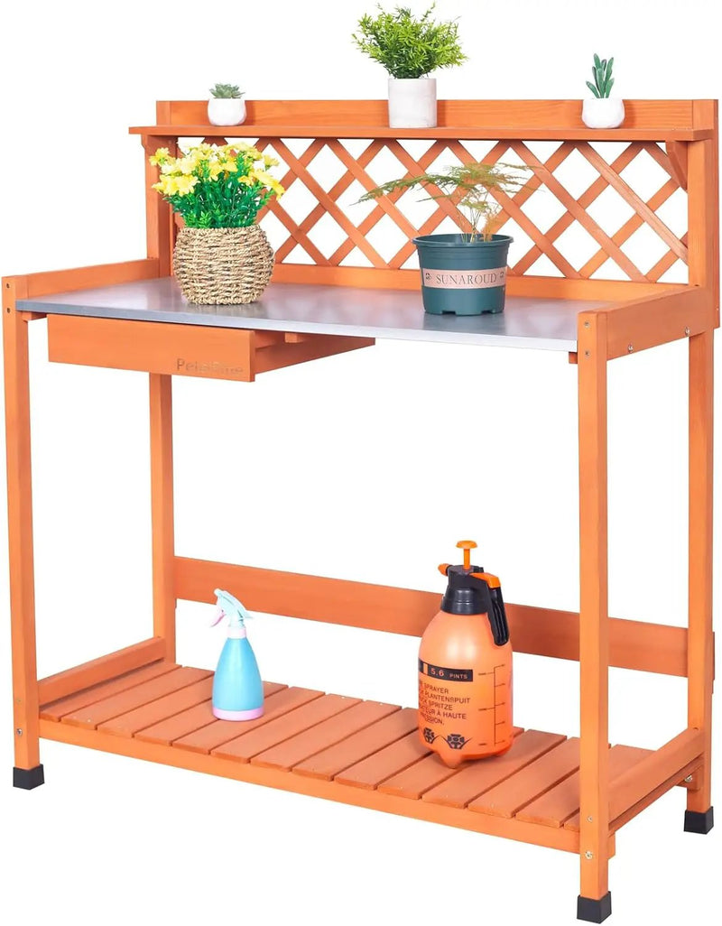 Outdoor Potting Bench & Wooden Gardening Work Station Planting Table with Metal Tabletop, Drawer, Storage, and Hooks by GreenHaven Gardens