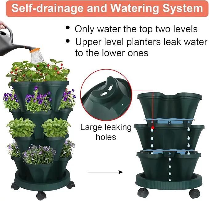 Vertical Planter 4 Tier Stackable Planters Garden Planters Strawberry Herb Flower and Vegetable Planter Indoor Outdoor Gardening Pots with Removable Wheels and Tools by GreenHaven Gardens