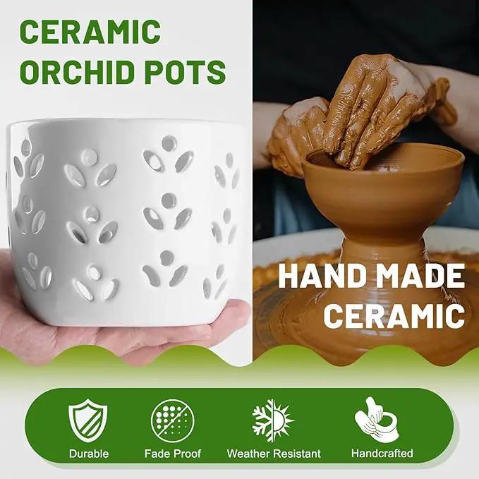 REMIAWY Orchid Pot, 2 Pack Orchid Pots with Drainage Holes and Saucer, 6 Inch and 5 Inch Large Ceramic Planter for Repotting Indoor Plants, Succulent, Decorative, Good Air Circulation, White by GreenHaven Gardens