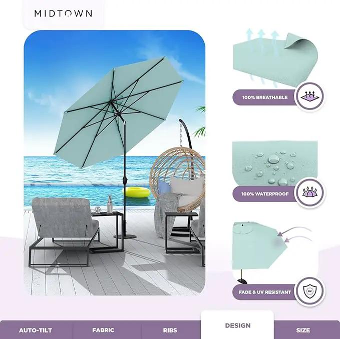 Midtown Umbrellas 10-Year-No-Fade - 9 Ft - UV Proof Seawater Aqua Polyester Fabric - Umbrella Outdoor Patio, Auto-Tilt Aluminum Frame Patio Umbrella for Garden, Pool & Deck - Black Pole by GreenHaven Gardens
