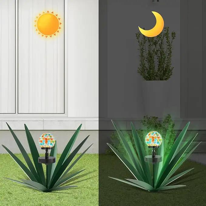 Enlarge Metal Plants Tequila Rustic Sculpture, Outdoor Patio Yard, Home Decor Hand Painted Agave Garden Statue, Outdoor Lawn Ornaments Yard Stakes for Mom Gift (2 Solar Green) by GreenHaven Gardens