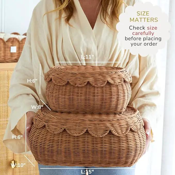 BEBE BASK The Original Scalloped Basket Set Of 2 - Small Scallop Basket - 15 x 10 x 6 In - Hand-Woven & Award-Winning - Elegant Wicker With Scalloped Edge Lid - Nursery Storage - (Mocca) by GreenHaven Gardens