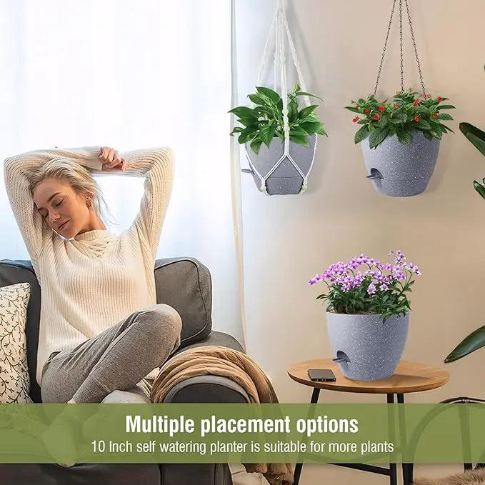 Self Watering Hanging Planters 10 inch, 2 Pack Hanging Flower Pots for Indoor Outdoor Plants, Hanging Baskets with Drainage Holes & 2 Kinds of Plant Hangers for Garden Decor, Speckled Grey by GreenHaven Gardens