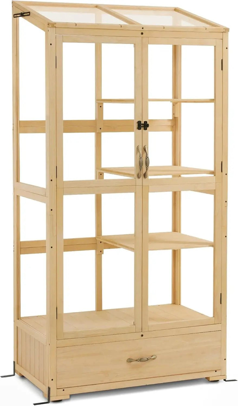 Macrout Cold Frame Greenhouse, Tall Wooden Greenhouse for Outdoor Indoor Use with Polycarbonate Panels, 3 Tier Garden Cold Frame with Drawer and Shelves, 0864 (Natural) by GreenHaven Gardens
