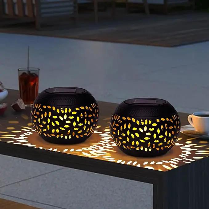 Solar Lantern Outdoor Table Light, 2 Pack Waterproof Decor, Hollow Out Retro Black Metal Patio Lights, Yard Porch Garden Balcony Indoor Desk Bedroom Tabletop Decorations by GreenHaven Gardens