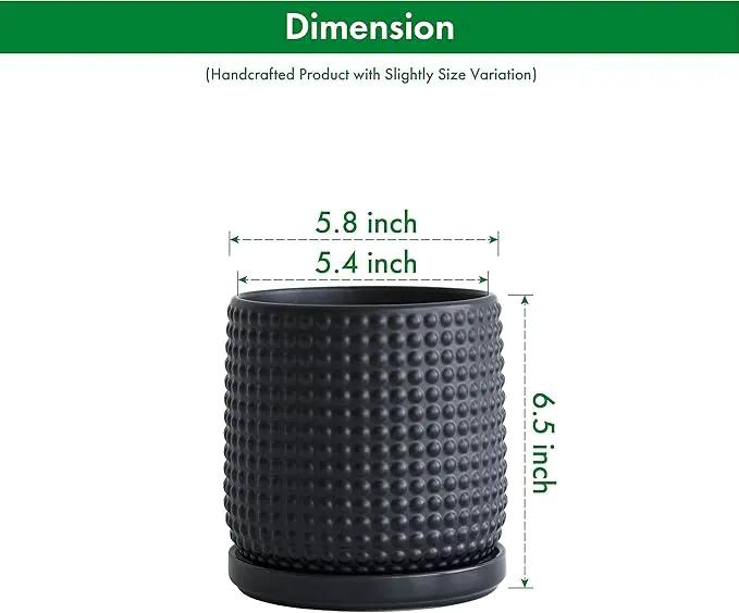 D'vine Dev 6 Inch Ceramic Beaded Stoneware Planter Pot - Flower Pot with Drainage Holes and Saucers for Indoor Succulent Plants or Flowers, Ebony Matte, 27-C-X-6 by GreenHaven Gardens