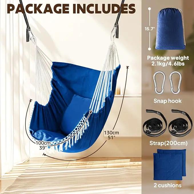 Chihee Hammock Chair Hanging Swing 2 Pillows Included,Strong Webbing Straps and Hooks for Easy Hanging Soft Cotton Hanging Chair Side Pocket Tassel Chair Comfort Indoor Outdoor Royal Blue by GreenHaven Gardens