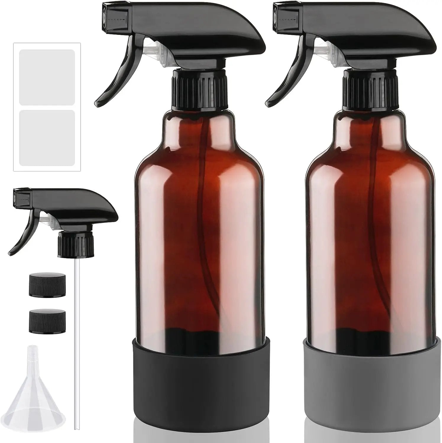 Glass Amber Spray Bottles with Silicone Sleeve, 2 Pack 16.9oz Refillable Containers with Adjustable Spray Nozzles, Empty Spray Bottle for Cleaning Solutions, Hair, Plants, Essential Oils (Black+Grey) by GreenHaven Gardens