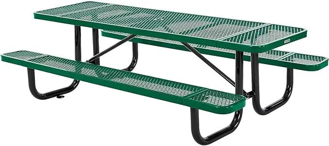 Global Industrial 8’L Rectangular Picnic Table, Expanded Metal, Green Thermoplastic Coating, Attached Benches, 1-1/2” Umbrella Pole Hole, Outdoor-Rated, 1000 lb Capacity, 96” x 30” Tabletop by GreenHaven Gardens