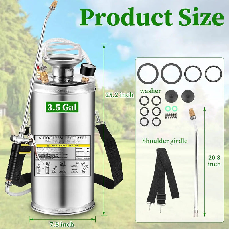 3.5 Gallon Stainless Steel Sprayer, Hand Metal Pump Up Sprayer Reinforced Hose with Pressure Gauge, Safety Valve & Adjustable Nozzle, Garden Weed Sprayers for Lawn, Gardening, Sanitizing by GreenHaven Gardens