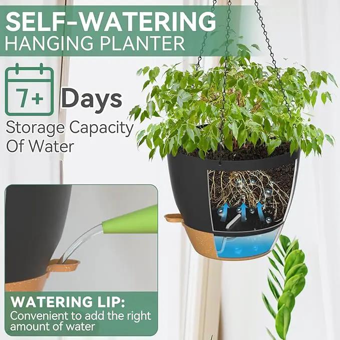 ZMTECH 12 Inch Hanging Planters for Indoor Outdoor Plants, 1 Pack Self Watering Hanging Plant Pots with Drainage Holes and Removable Saucer, Plastic Flower Hanging Pots with Watering Lip (Black) by GreenHaven Gardens