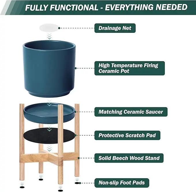 D'vine Dev Ceramic Planter with Natural Stand - 12 Inch Modern Round Flower Pot with Wood Planter Holder, Teal, 55-B-J-4 by GreenHaven Gardens