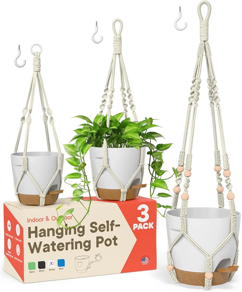 White Hanging Self Watering Pots with Macrame Ivory Rope, 3 Pack Indoor & Outdoor Hanging Plant Pots with Built-in Reservoir, Wick Rope, Drainage Holes & Hooks, Stylish Boho Decor Hanging Planter by GreenHaven Gardens