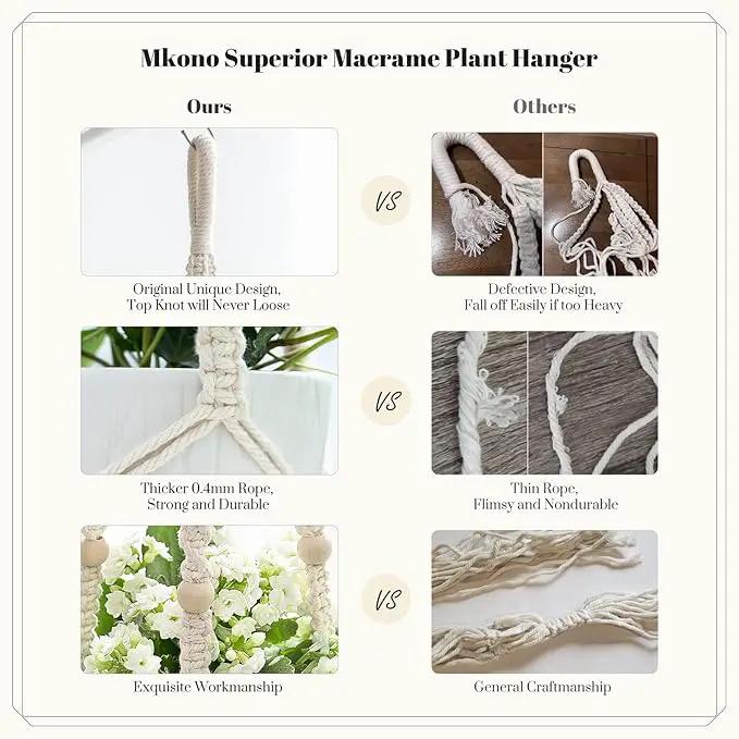 Mkono 43 Inch Macrame Plant Hanger Large for up to 12 Inch Pot Extra Long Hanging Plant Holder No Tassels Hanging Planter Basket with Wood Beads for Indoor Outdoor Boho Home Decor, Ivory by GreenHaven Gardens
