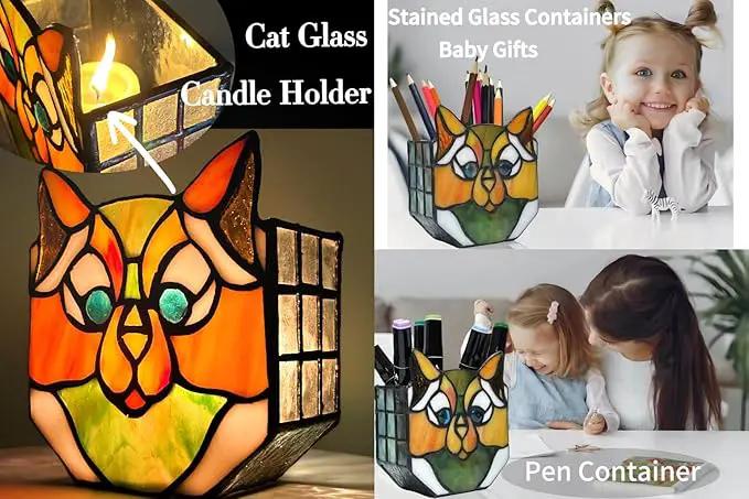 Cat Flower Pots for Indoor Plants,Stained Glass Cat Plant Displays,Cat Succulent Planter,Candle Holder Container Decoration,4.6x5.15x2.3 in (Without Succulents) by GreenHaven Gardens